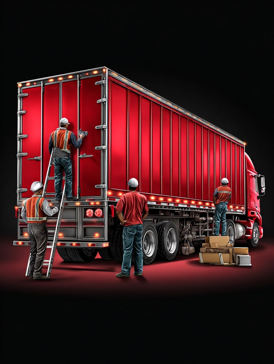shahrukhfiaz63 workers loading cargo into a glossy red semi t c7db5cf4 fede 4540 8632 6b8a1ebc96cd 0